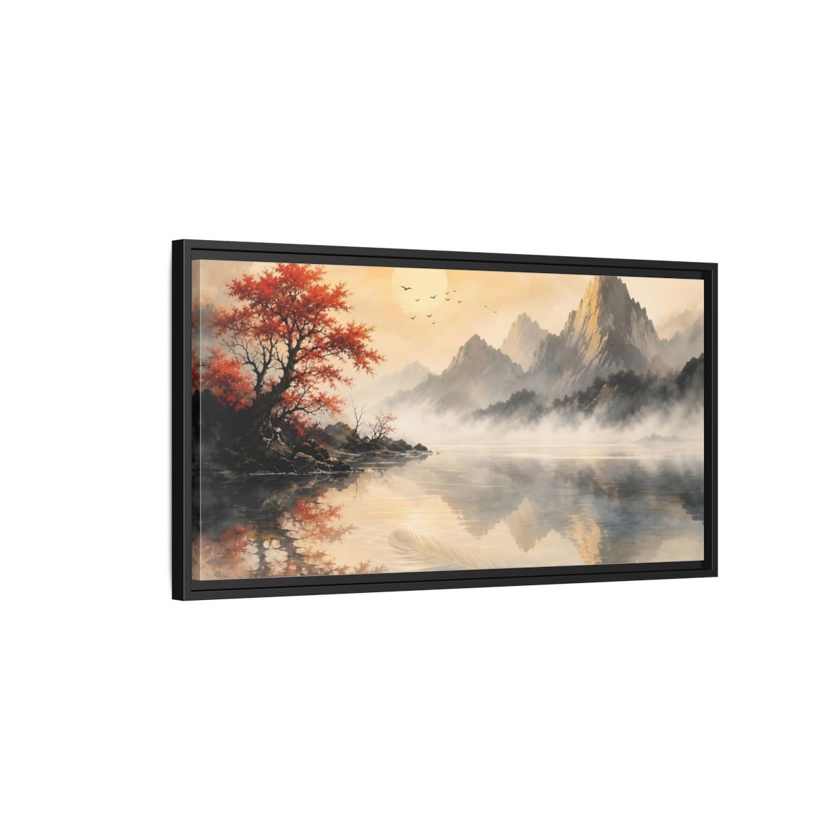 Side Mockup 2. Nature Mountain Lake Red Autumn Landscape shown as stretched canvas wall art