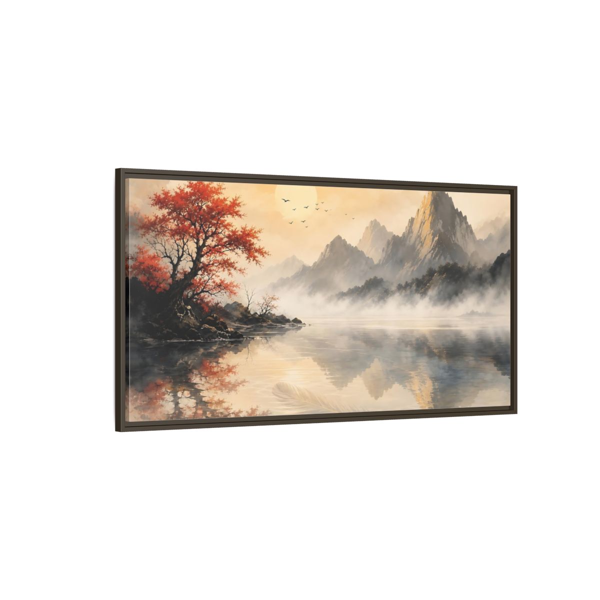 Side Mockup 4. Nature Mountain Lake Red Autumn Landscape shown as stretched canvas wall art