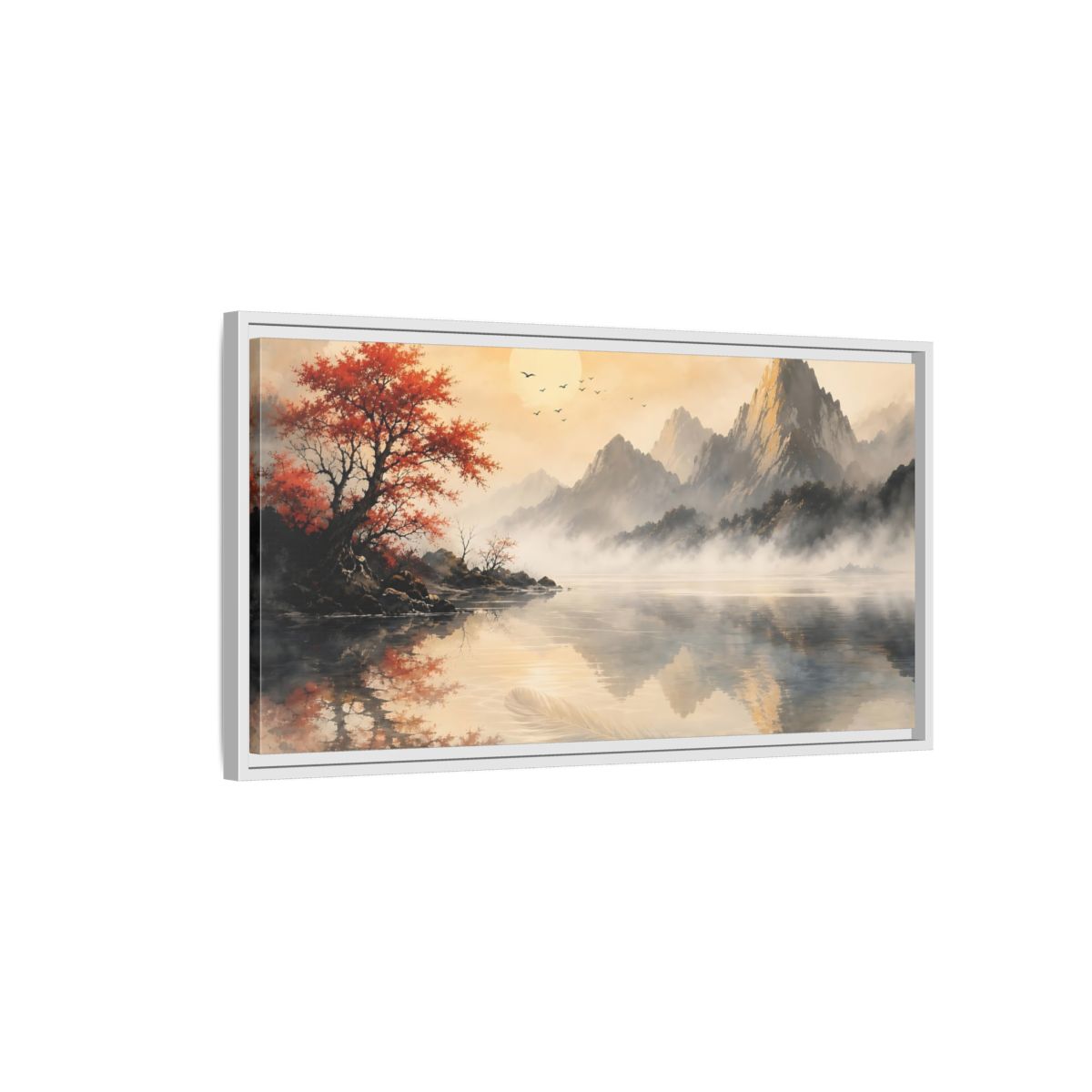 Side Mockup 1. Nature Mountain Lake Red Autumn Landscape shown as stretched canvas wall art