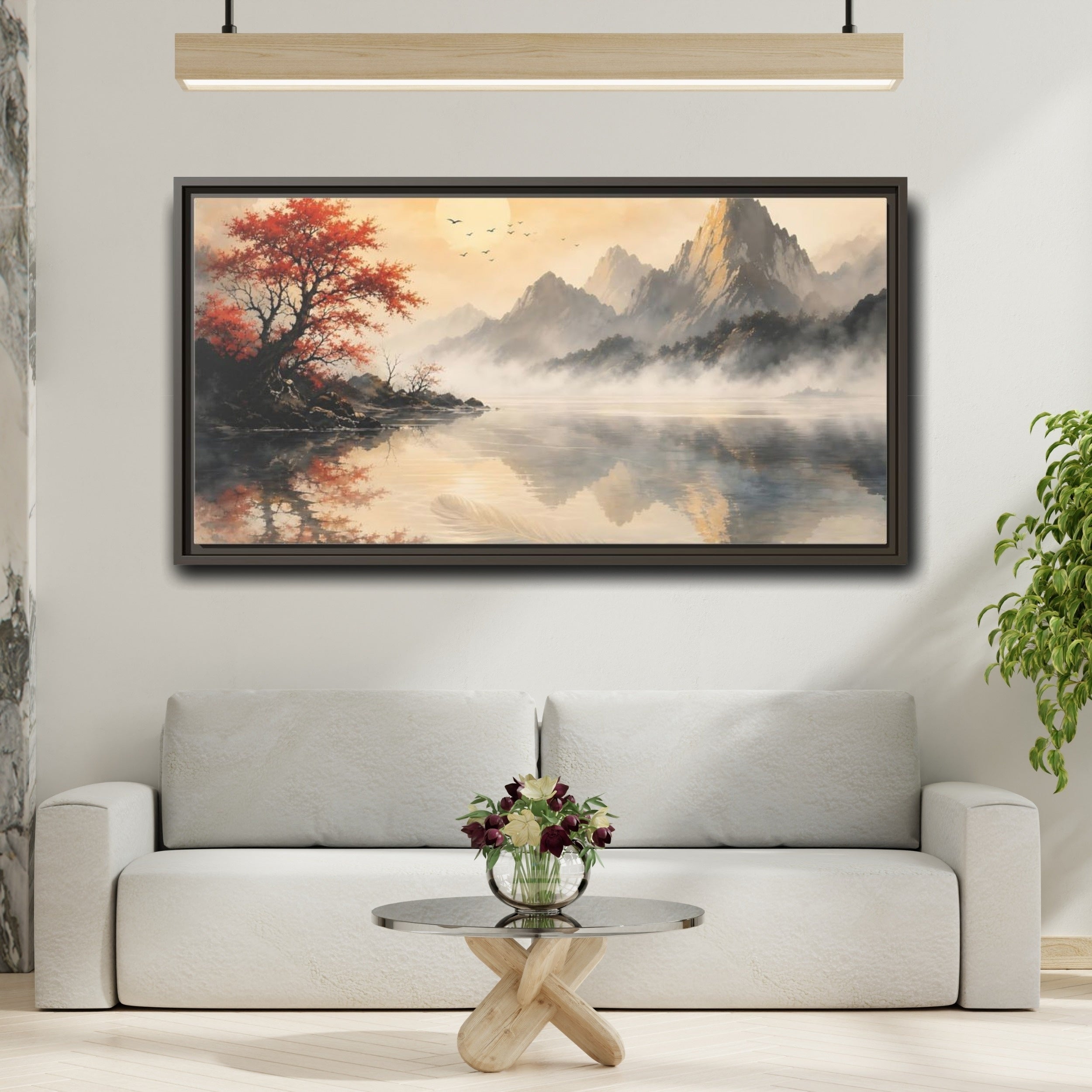 Mockup 2. Nature Mountain Lake Red Autumn Landscape shown as stretched canvas wall art
