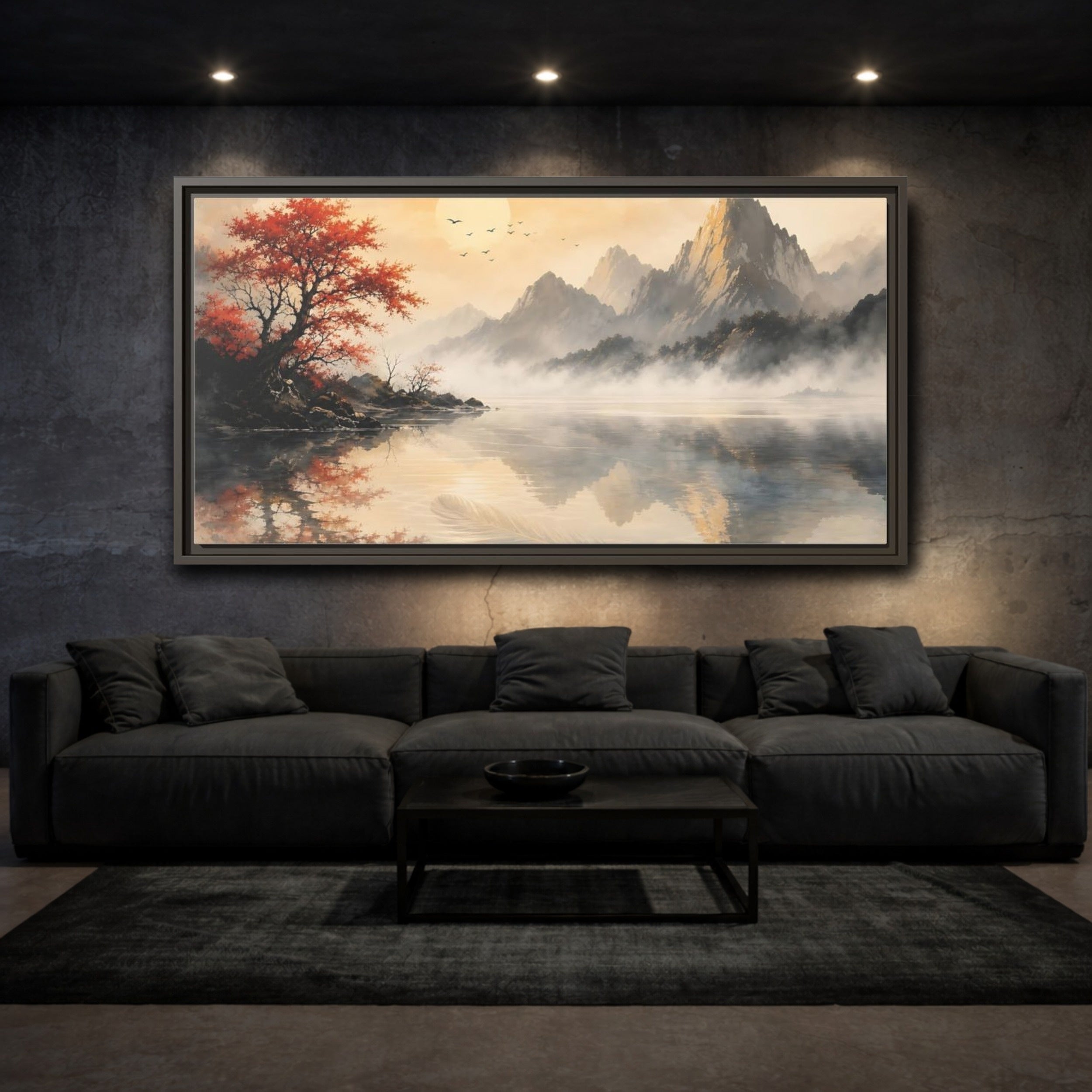 Mockup 3. Nature Mountain Lake Red Autumn Landscape shown as stretched canvas wall art