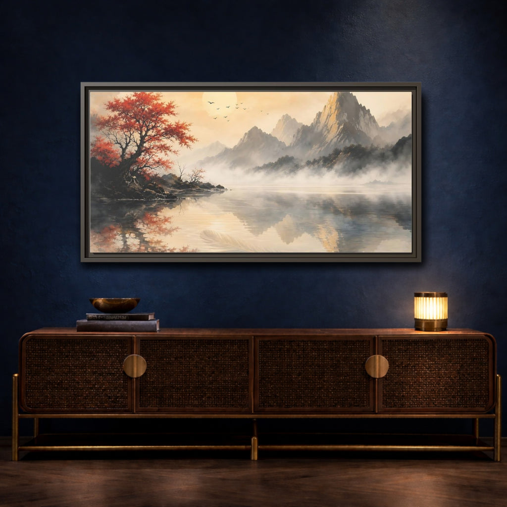 Mockup 4. Nature Mountain Lake Red Autumn Landscape shown as stretched canvas wall art