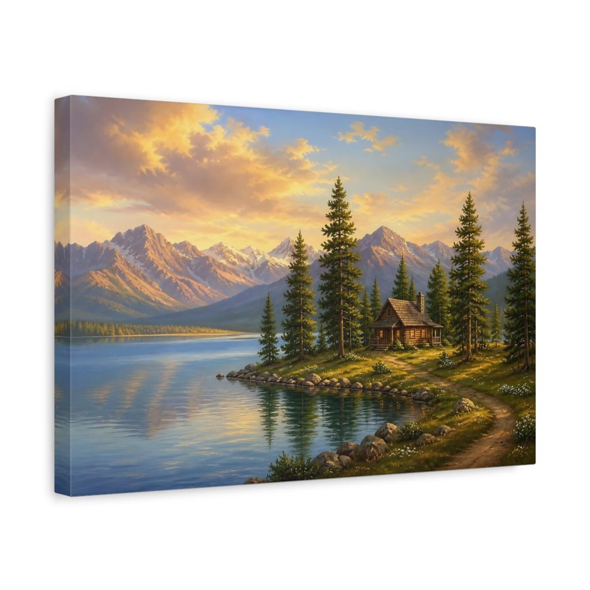 Side Mockup 4. Nature Mountain Lake Mountain Lake Sunset shown as stretched canvas wall art
