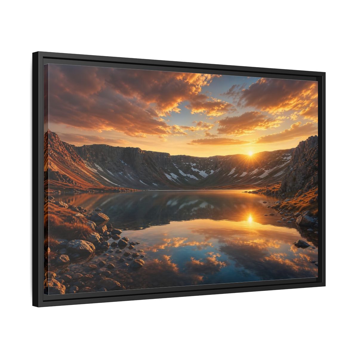 Side Mockup 14. Nature Mountain Lake Sunset Mountain Lake shown as stretched canvas wall art