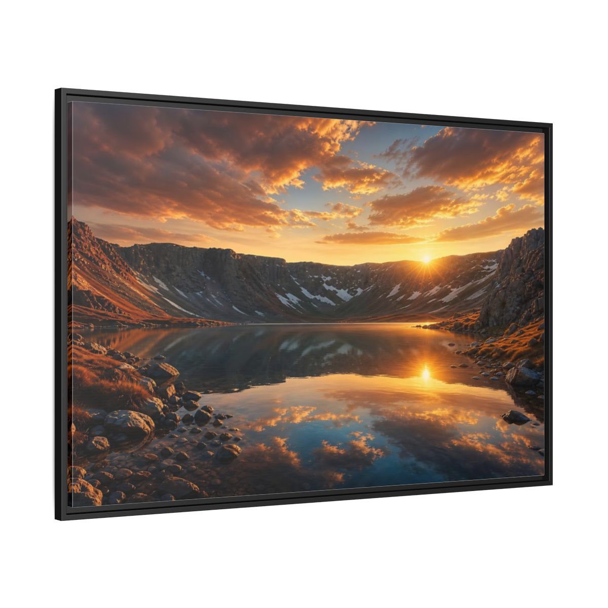 Side Mockup 12. Nature Mountain Lake Sunset Mountain Lake shown as stretched canvas wall art