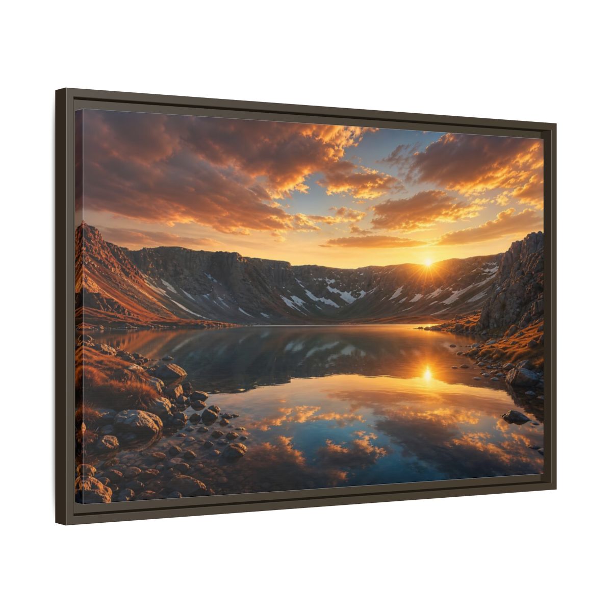Side Mockup 11. Nature Mountain Lake Sunset Mountain Lake shown as stretched canvas wall art