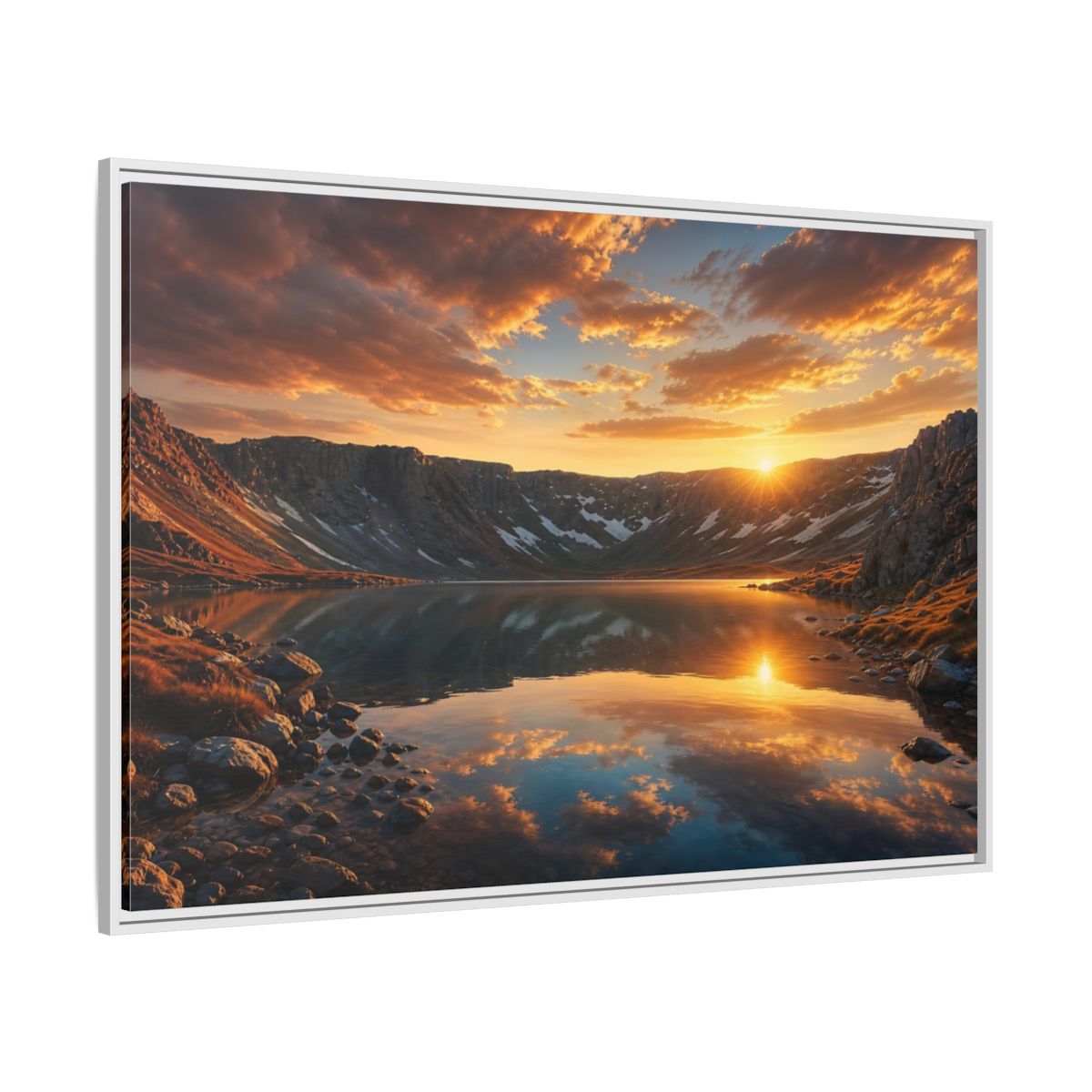 Side Mockup 7. Nature Mountain Lake Sunset Mountain Lake shown as stretched canvas wall art