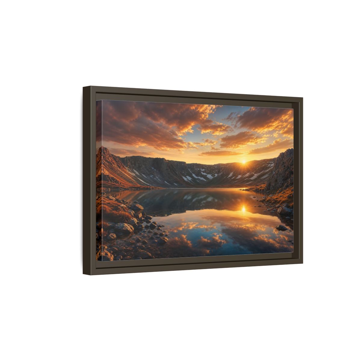 Side Mockup 5. Nature Mountain Lake Sunset Mountain Lake shown as stretched canvas wall art