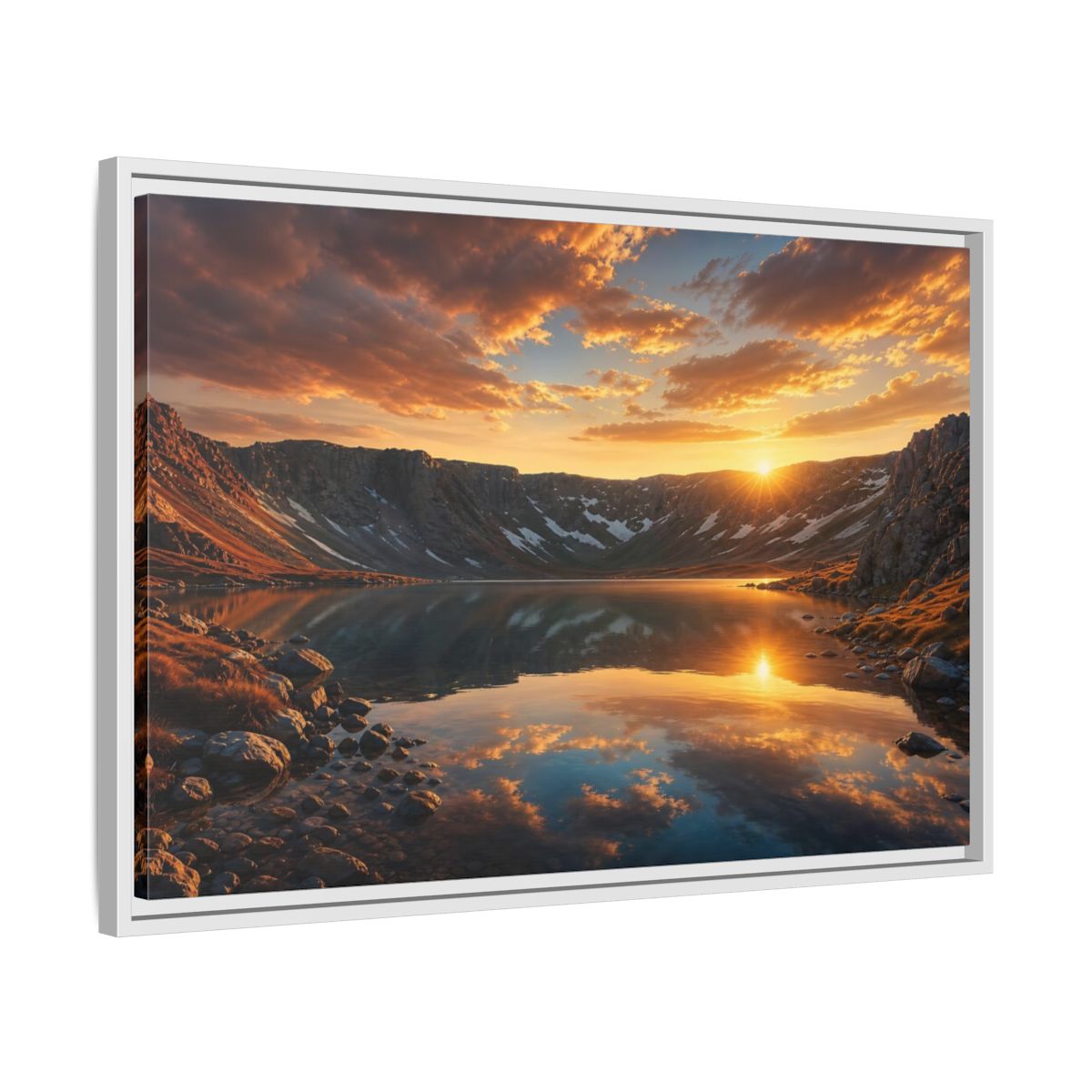 Side Mockup 10. Nature Mountain Lake Sunset Mountain Lake shown as stretched canvas wall art