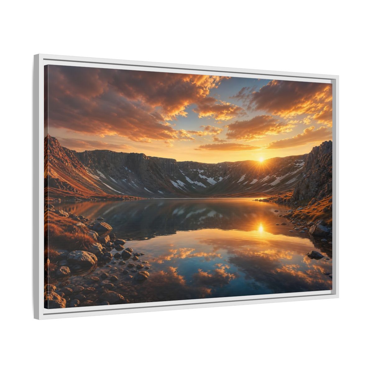 Side Mockup 9. Nature Mountain Lake Sunset Mountain Lake shown as stretched canvas wall art