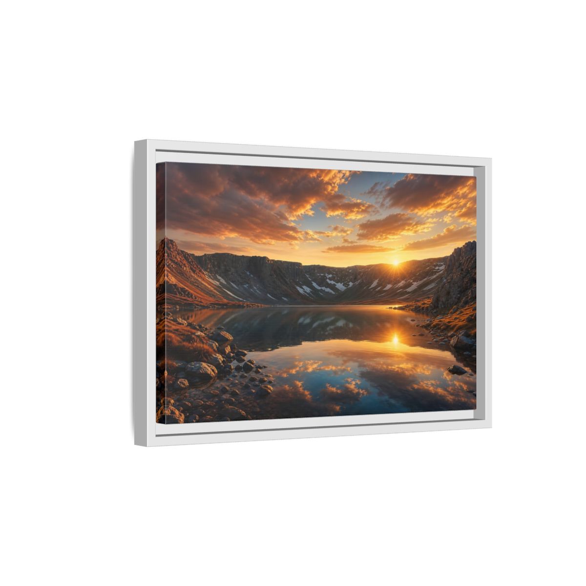 Side Mockup 4. Nature Mountain Lake Sunset Mountain Lake shown as stretched canvas wall art