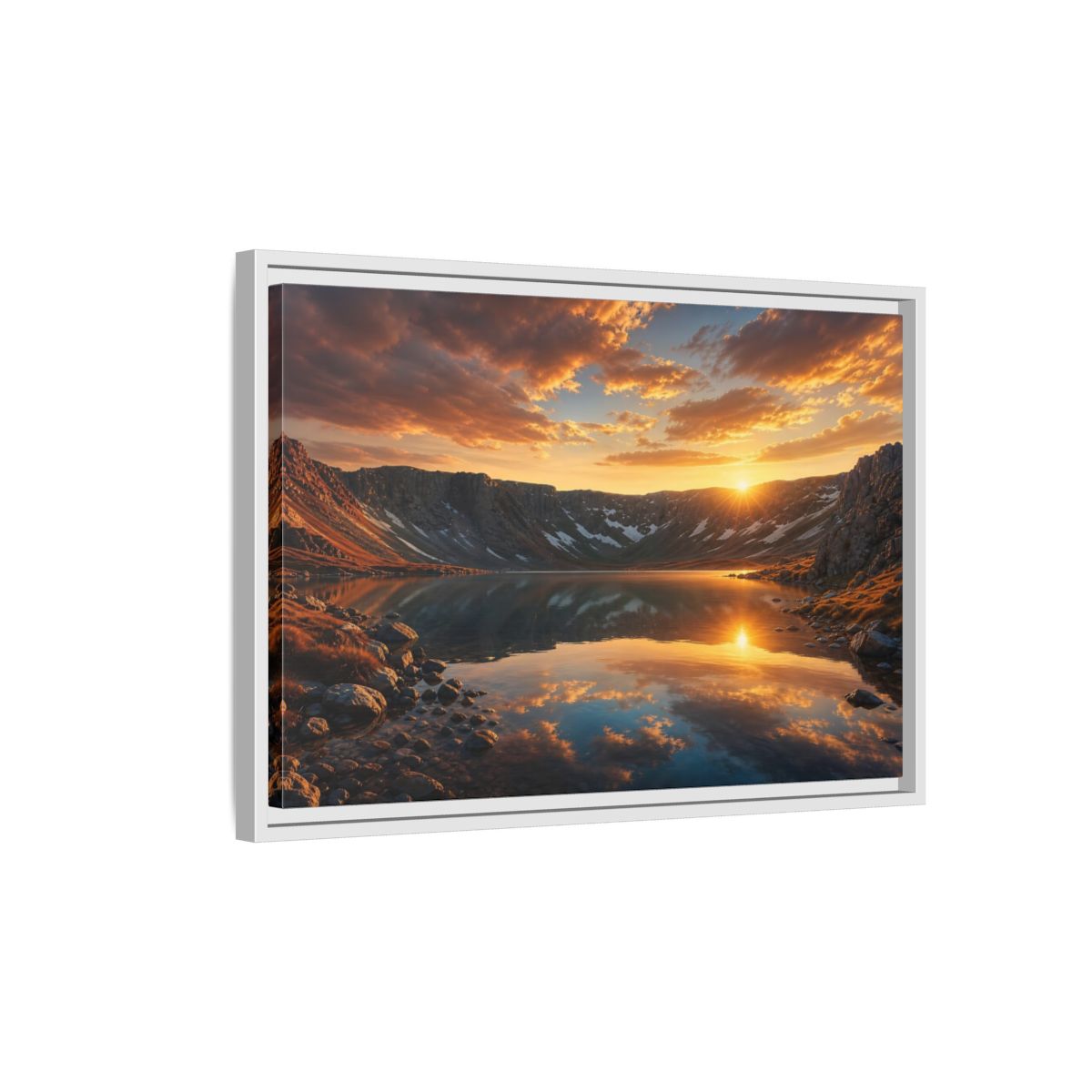 Side Mockup 1. Nature Mountain Lake Sunset Mountain Lake shown as stretched canvas wall art