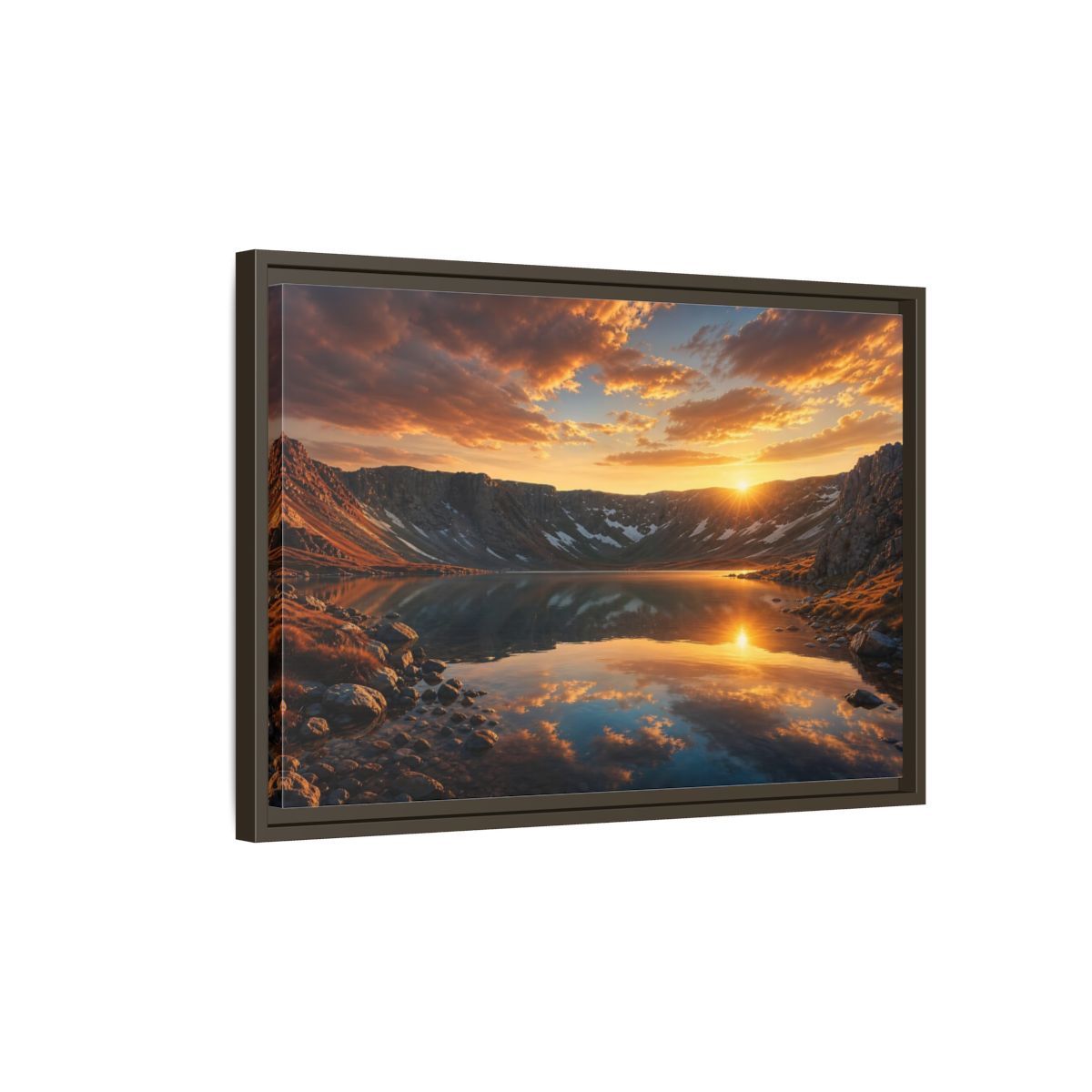 Side Mockup 2. Nature Mountain Lake Sunset Mountain Lake shown as stretched canvas wall art