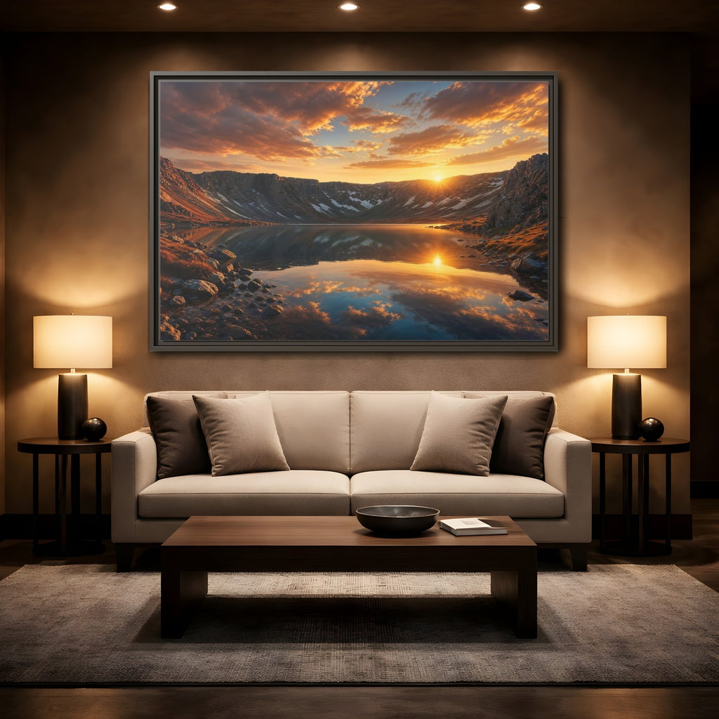 Mockup 2. Nature Mountain Lake Sunset Mountain Lake shown as stretched canvas wall art