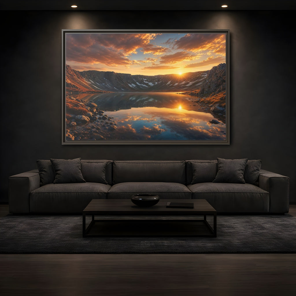 Mockup 3. Nature Mountain Lake Sunset Mountain Lake shown as stretched canvas wall art