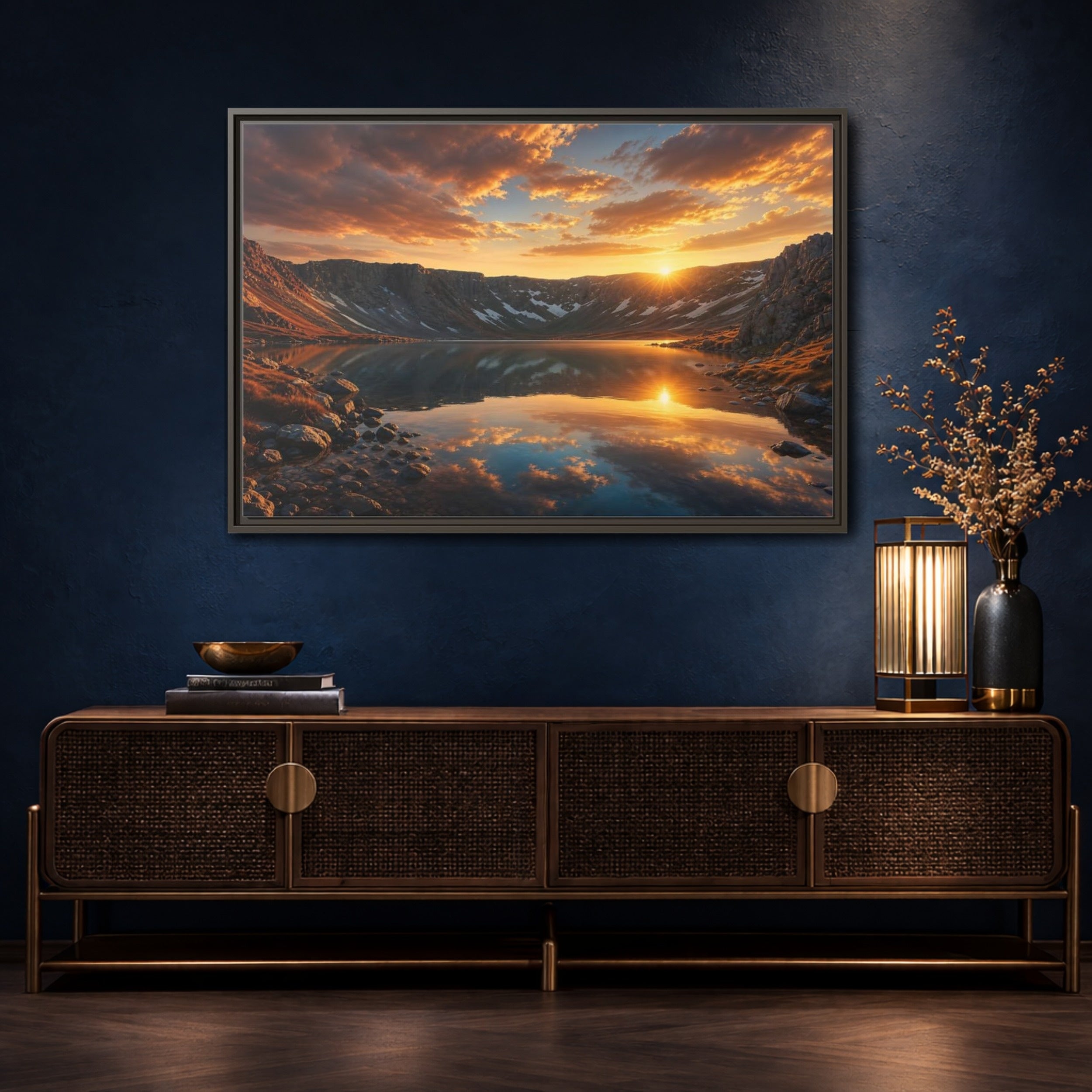 Mockup 4. Nature Mountain Lake Sunset Mountain Lake shown as stretched canvas wall art