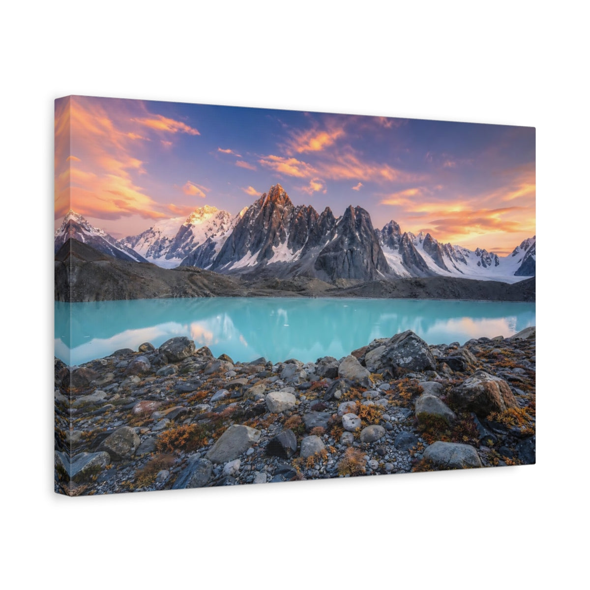 Side Mockup 4. Nature Mountain Lake Turquoise Lake Mountains shown as stretched canvas wall art