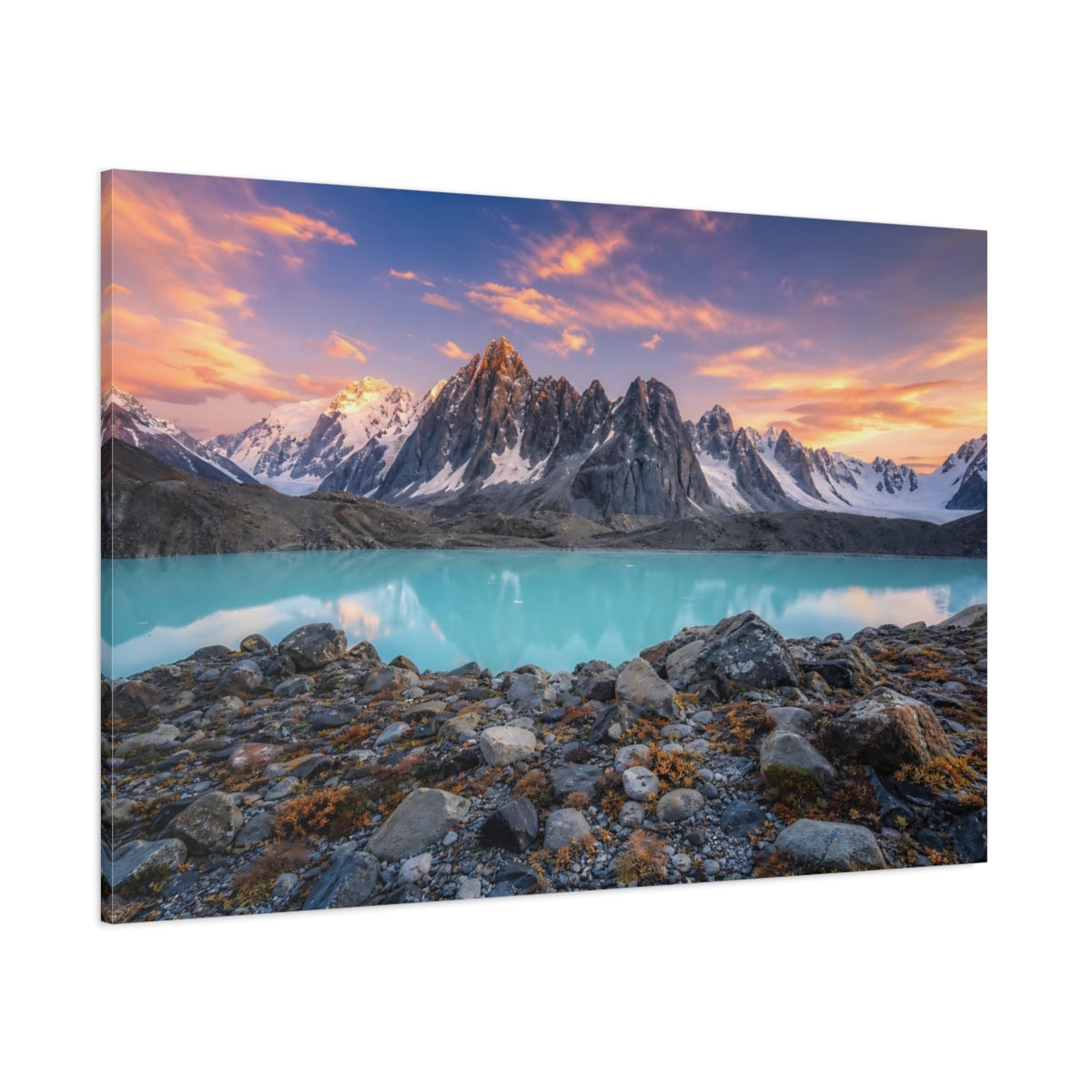 Side Mockup 1. Nature Mountain Lake Turquoise Lake Mountains shown as stretched canvas wall art