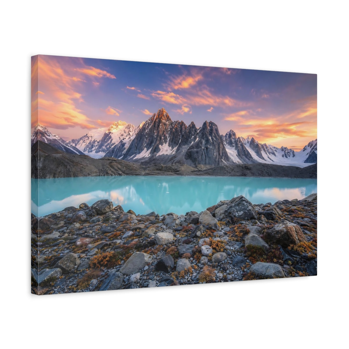 Side Mockup 3. Nature Mountain Lake Turquoise Lake Mountains shown as stretched canvas wall art