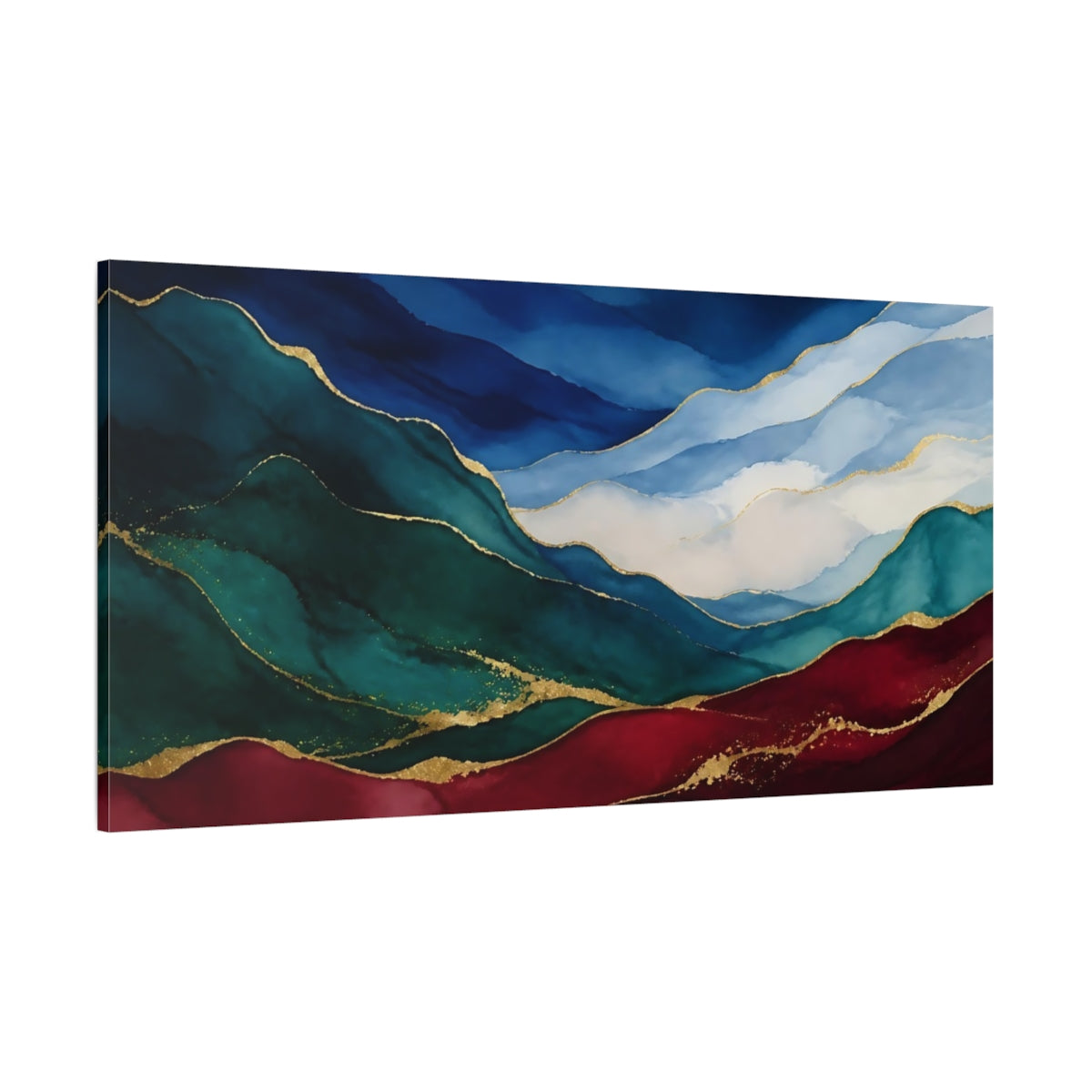 Side Mockup 2. Nature Mountain Landscape Blue Green Gold shown as stretched canvas wall art