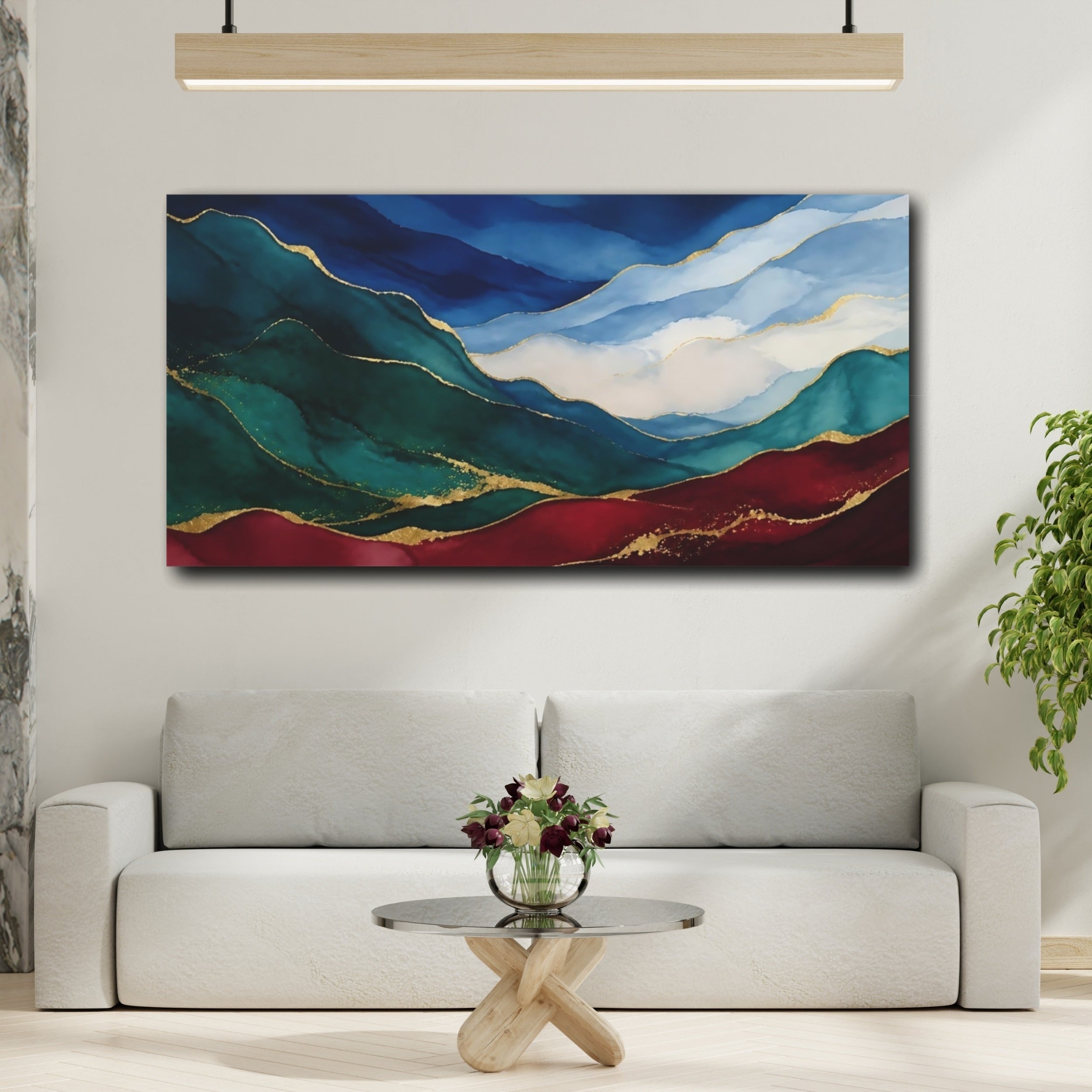 Mockup 2. Nature Mountain Landscape Blue Green Gold shown as stretched canvas wall art