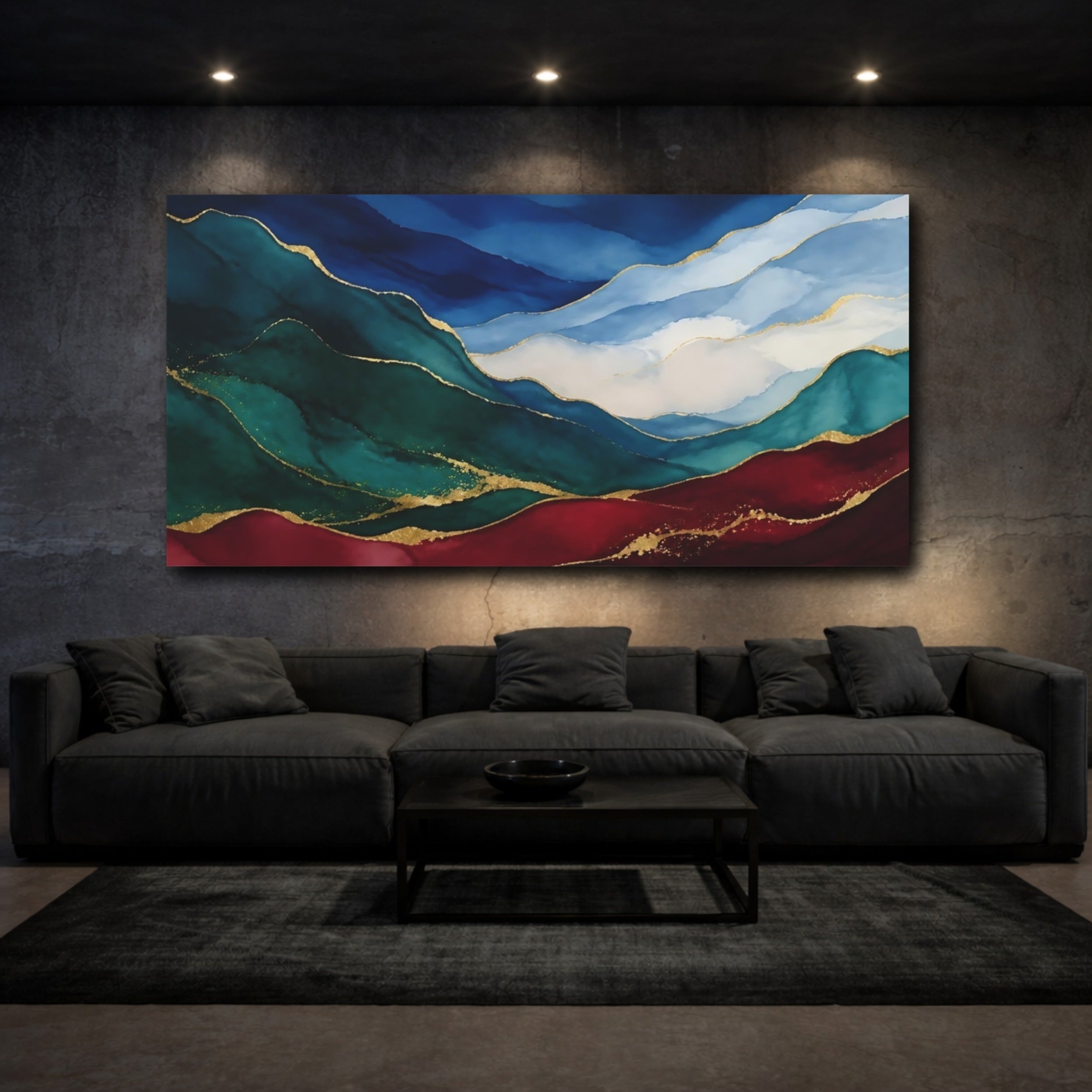 Mockup 3. Nature Mountain Landscape Blue Green Gold shown as stretched canvas wall art