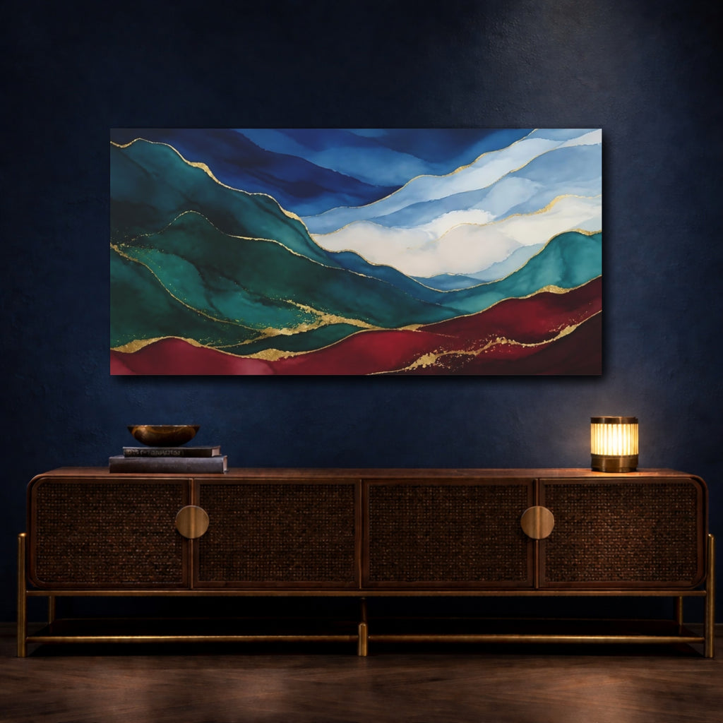 Mockup 4. Nature Mountain Landscape Blue Green Gold shown as stretched canvas wall art