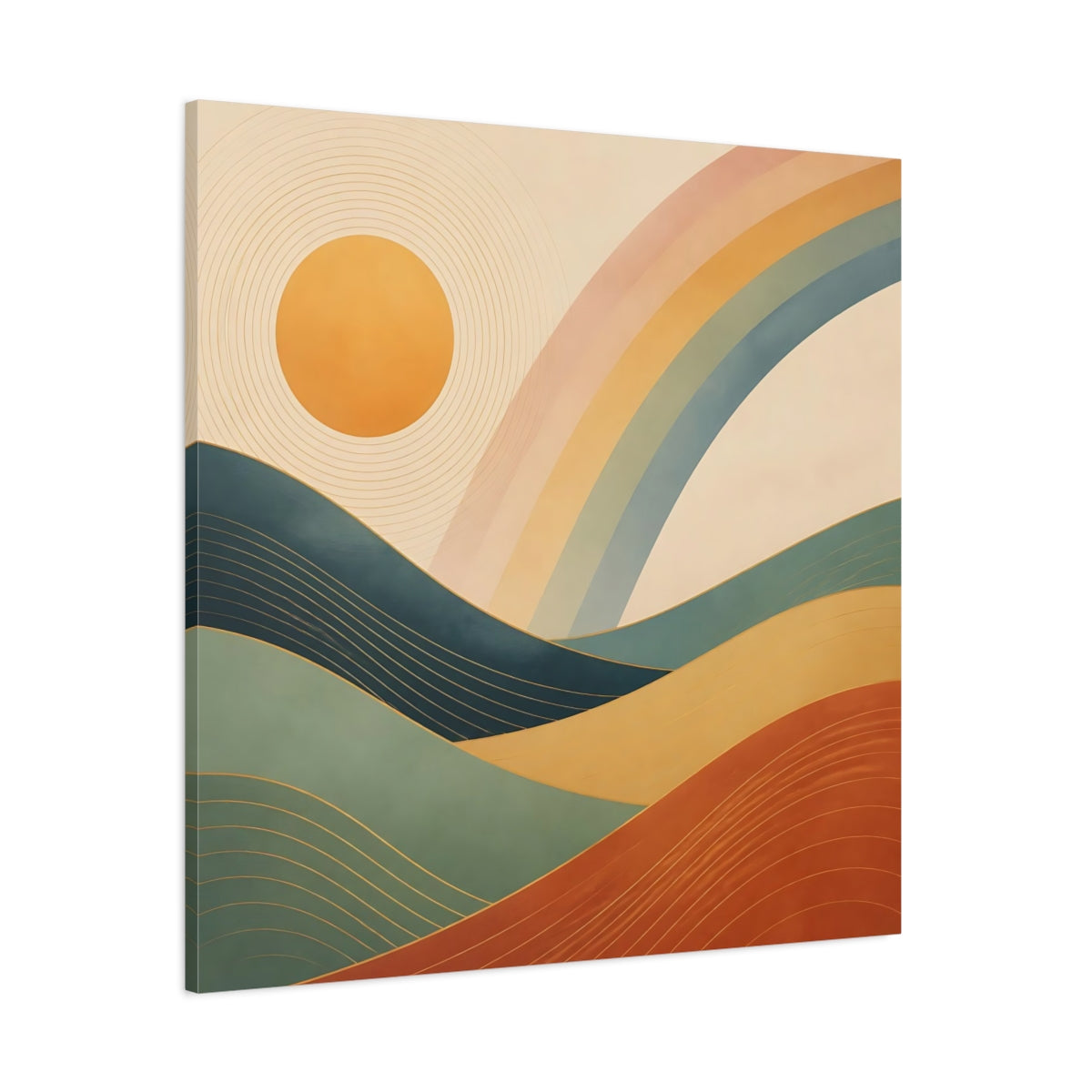 Side Mockup 1. Nature Mountain Landscape Earthy Rainbow Landscape shown as stretched canvas wall art