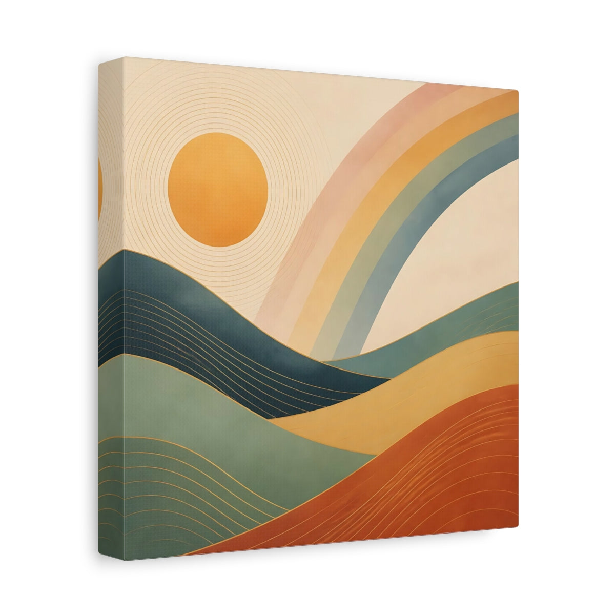 Side Mockup 9. Nature Mountain Landscape Earthy Rainbow Landscape shown as stretched canvas wall art