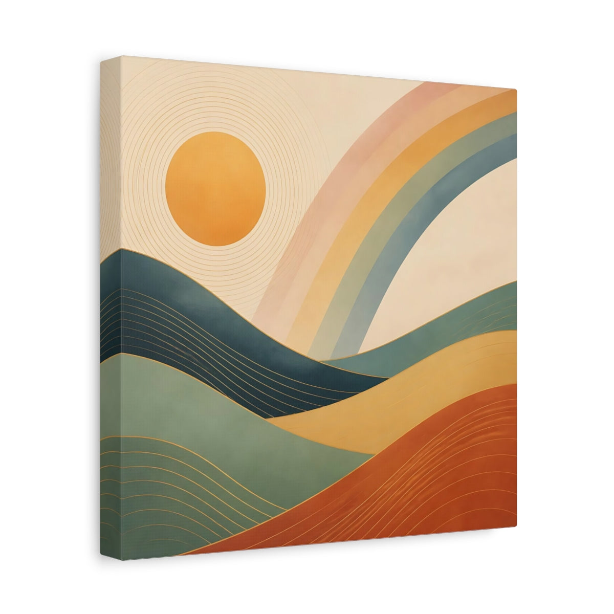Side Mockup 8. Nature Mountain Landscape Earthy Rainbow Landscape shown as stretched canvas wall art