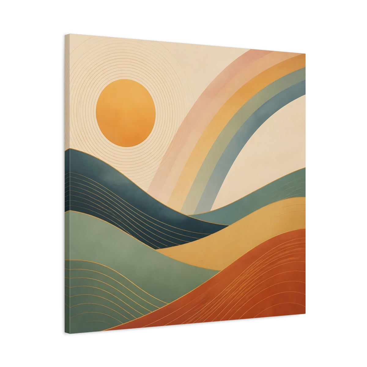 Side Mockup 3. Nature Mountain Landscape Earthy Rainbow Landscape shown as stretched canvas wall art