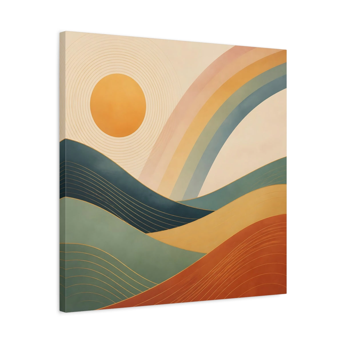Side Mockup 4. Nature Mountain Landscape Earthy Rainbow Landscape shown as stretched canvas wall art