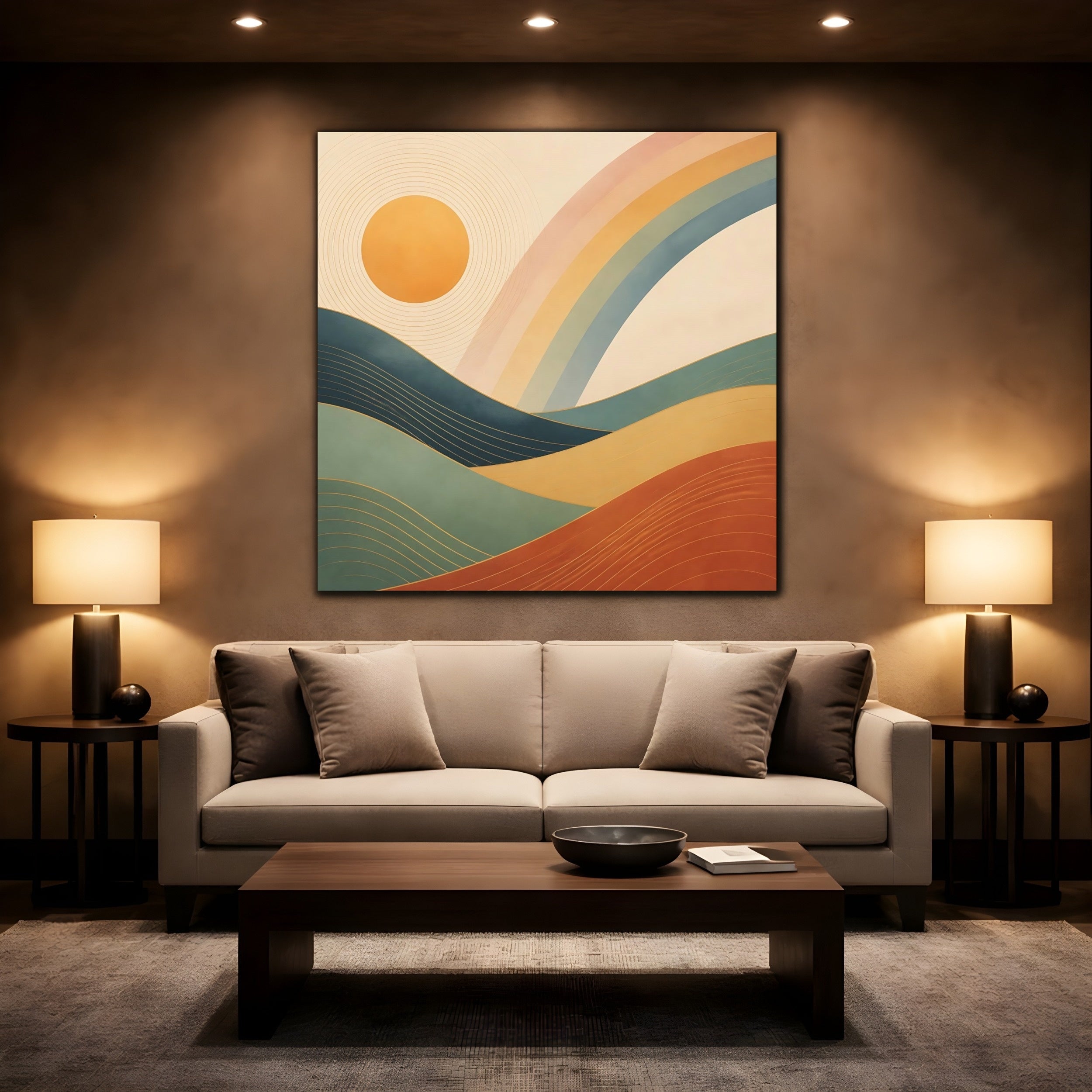 Mockup 2. Nature Mountain Landscape Earthy Rainbow Landscape shown as stretched canvas wall art