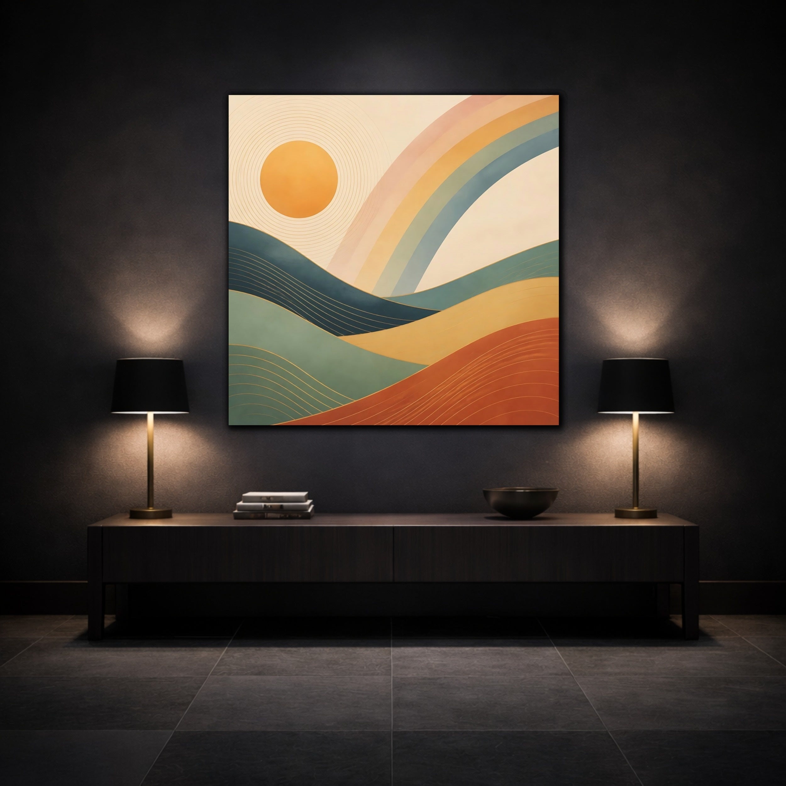 Mockup 3. Nature Mountain Landscape Earthy Rainbow Landscape shown as stretched canvas wall art