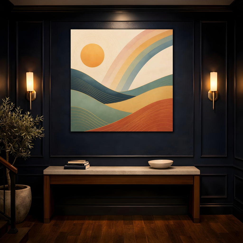 Mockup 4. Nature Mountain Landscape Earthy Rainbow Landscape shown as stretched canvas wall art