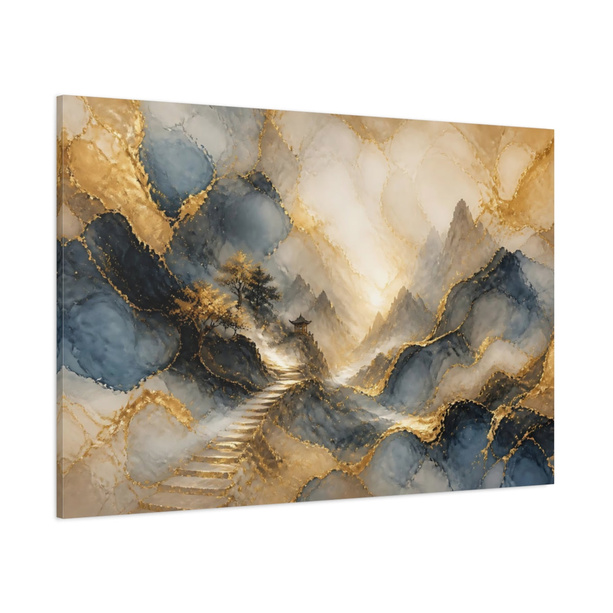 Side Mockup 1. Nature Mountain Landscape Gold Blue Landscape shown as stretched canvas wall art