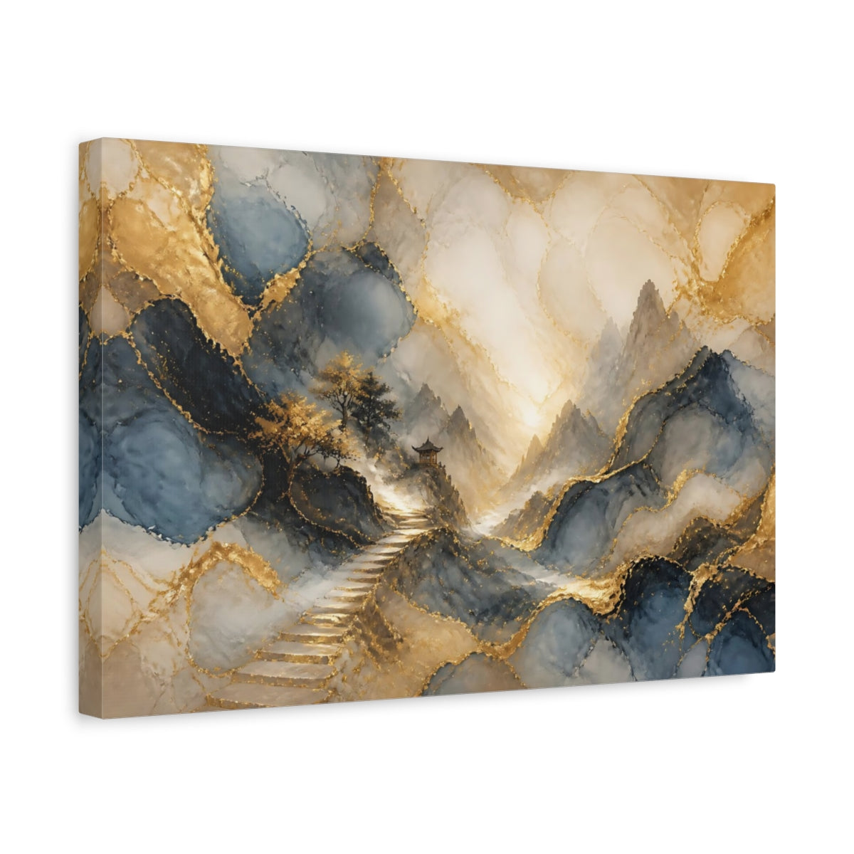 Side Mockup 4. Nature Mountain Landscape Gold Blue Landscape shown as stretched canvas wall art