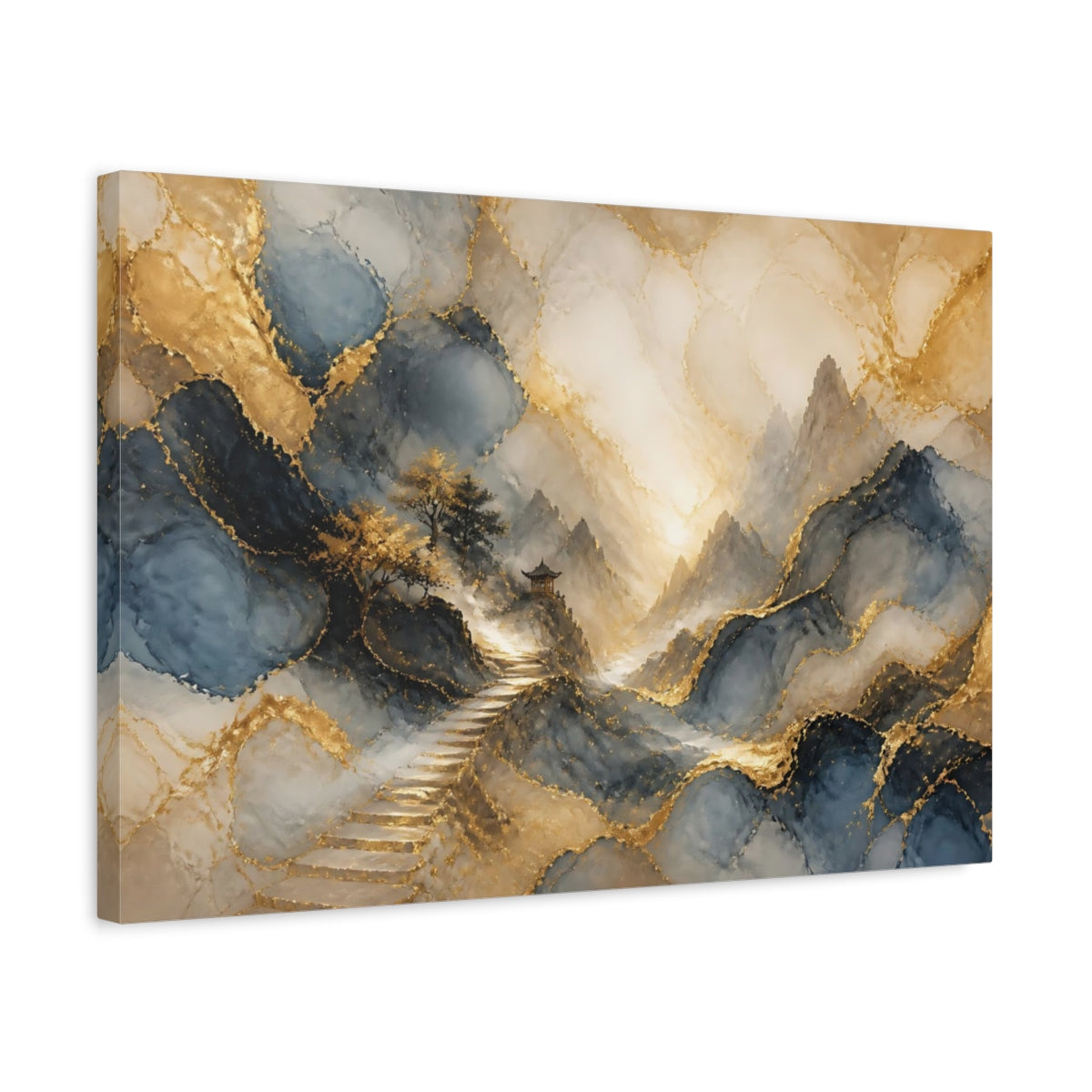 Side Mockup 3. Nature Mountain Landscape Gold Blue Landscape shown as stretched canvas wall art