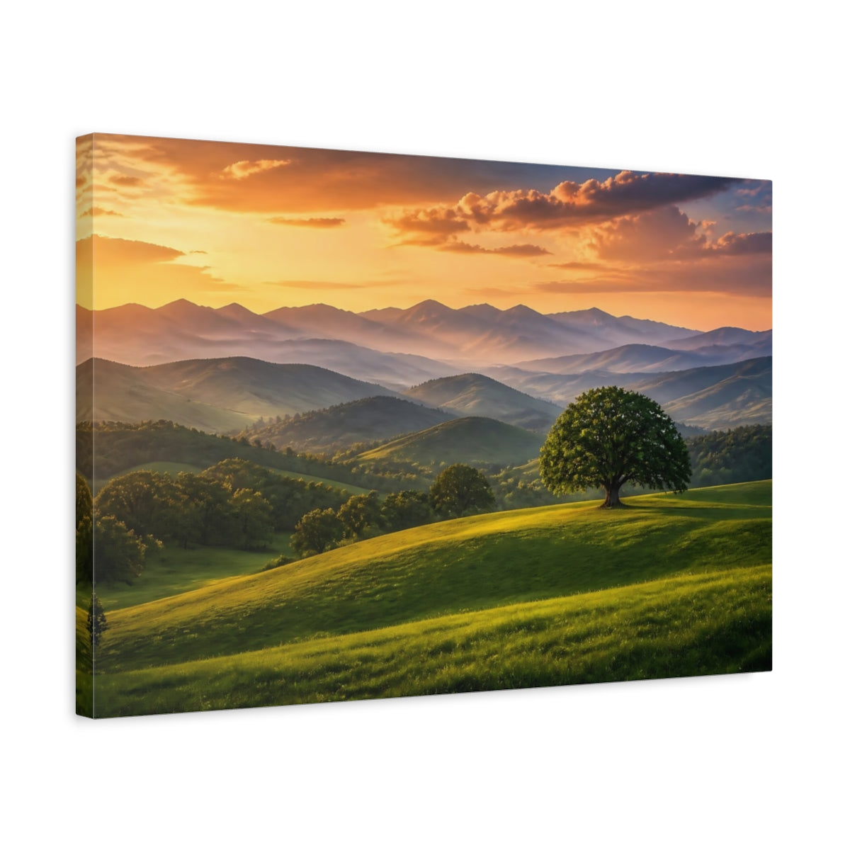 Side Mockup 3. Nature Mountain Landscape Green And Golden Landscape shown as stretched canvas wall art