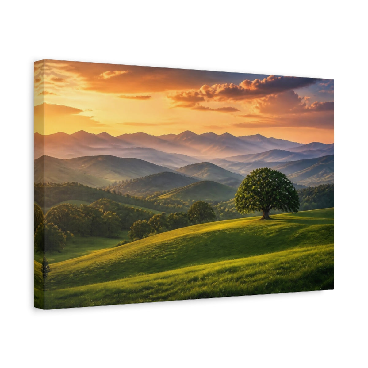 Side Mockup 4. Nature Mountain Landscape Green And Golden Landscape shown as stretched canvas wall art