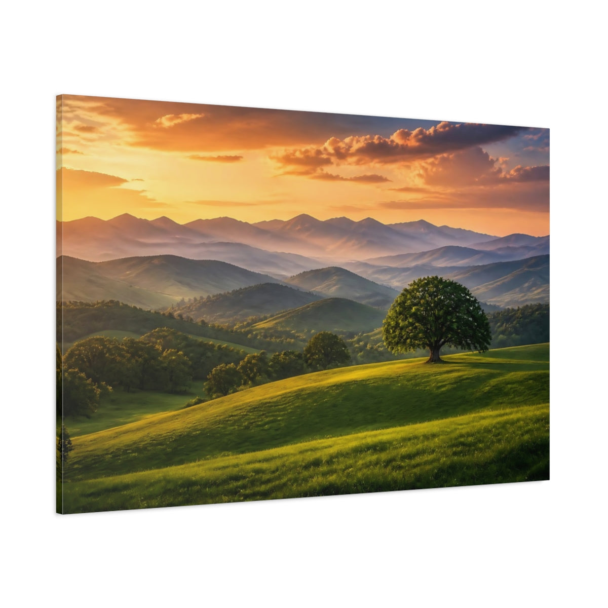 Side Mockup 1. Nature Mountain Landscape Green And Golden Landscape shown as stretched canvas wall art