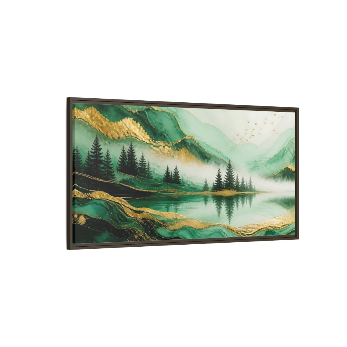 Side Mockup 4. Nature Mountain Landscape Green Gold Landscape shown as stretched canvas wall art