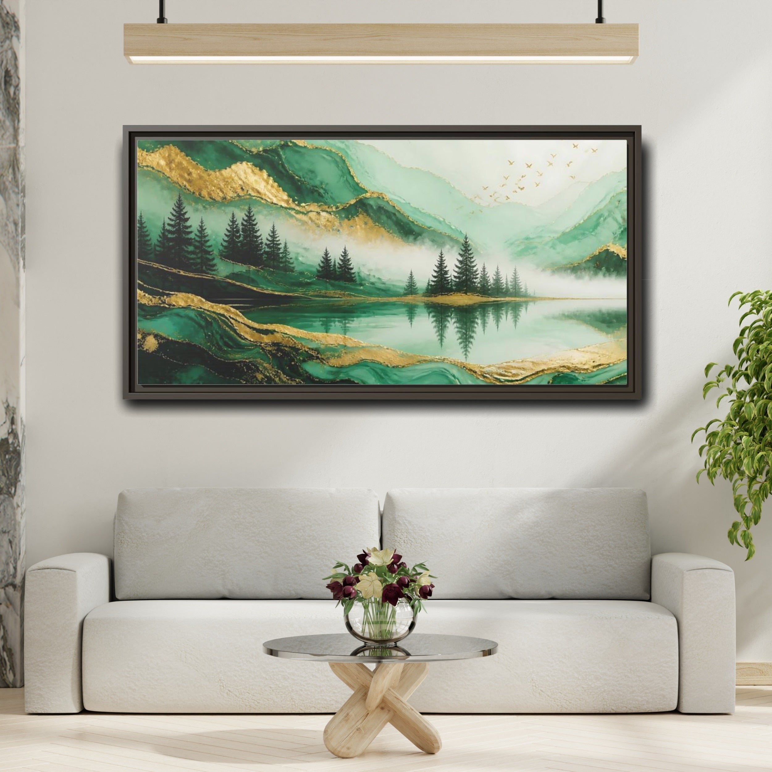 Mockup 2. Nature Mountain Landscape Green Gold Landscape shown as stretched canvas wall art