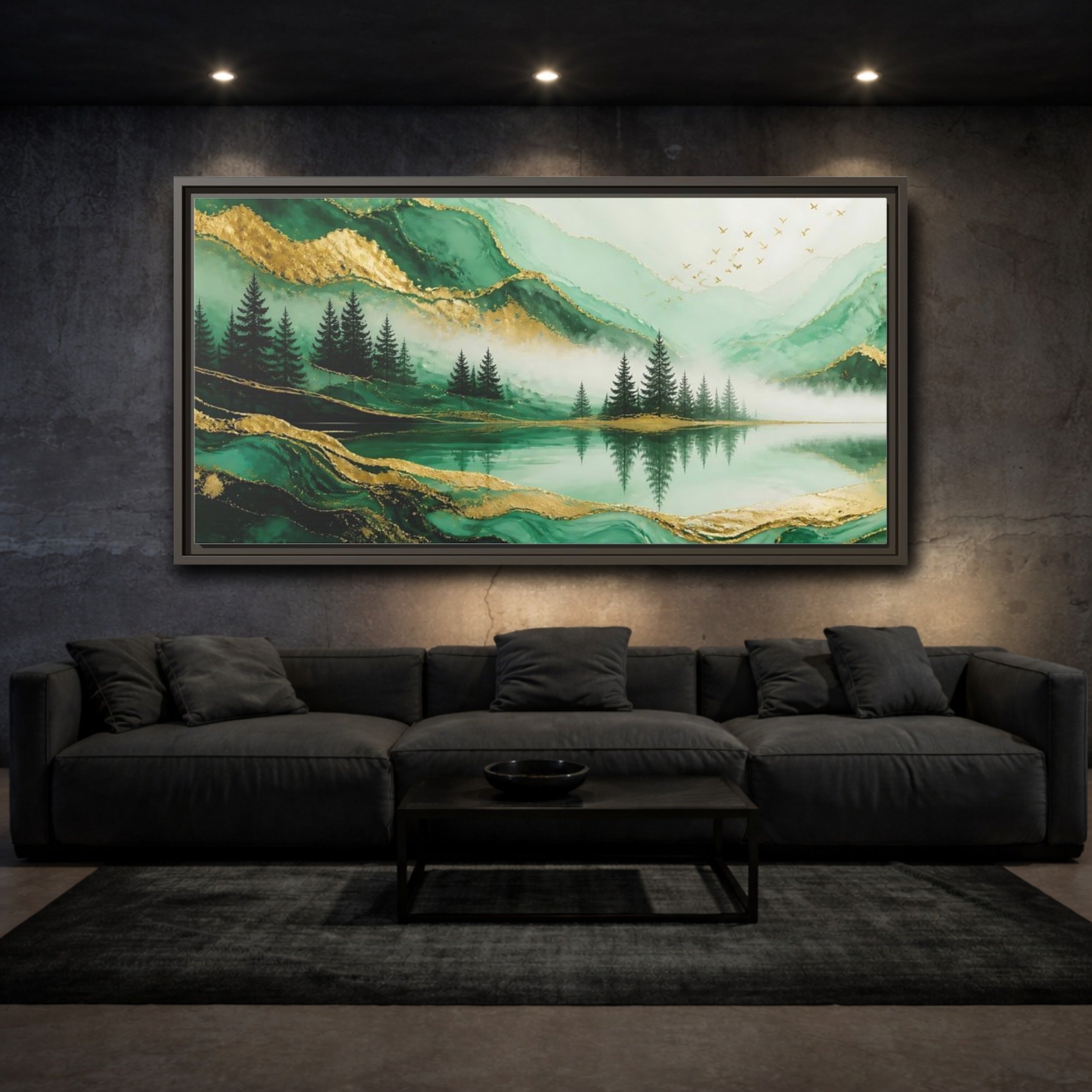 Mockup 3. Nature Mountain Landscape Green Gold Landscape shown as stretched canvas wall art