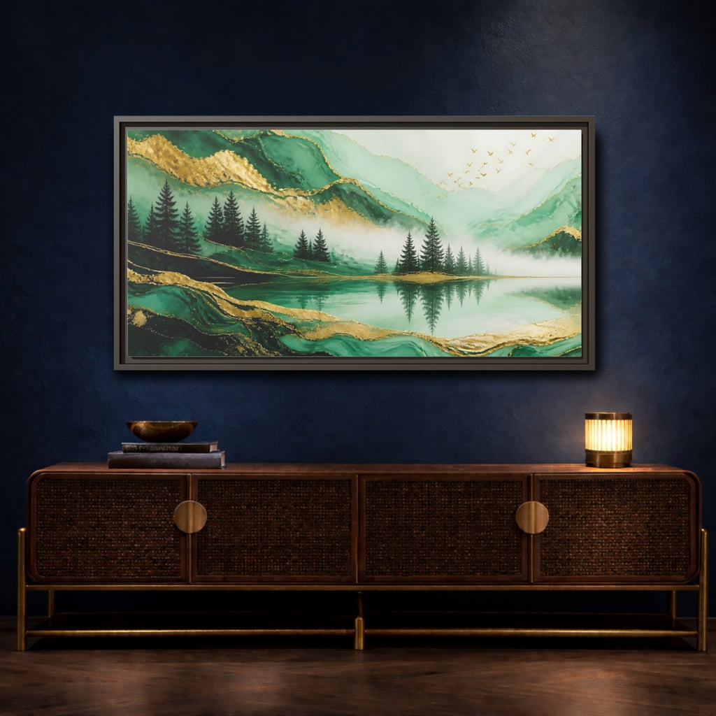 Mockup 4. Nature Mountain Landscape Green Gold Landscape shown as stretched canvas wall art