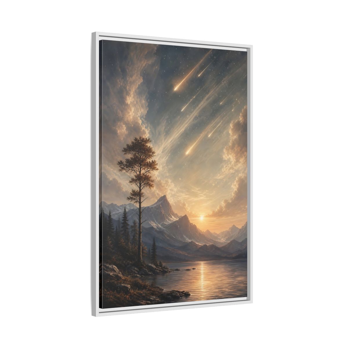 Side Mockup 9. Nature Mountain Landscape Warm Mountain Lake shown as stretched canvas wall art