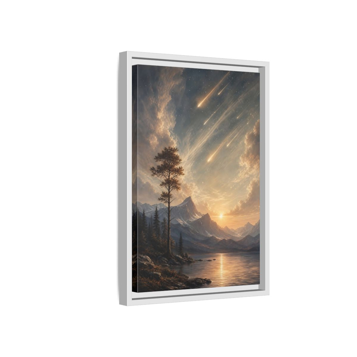 Side Mockup 4. Nature Mountain Landscape Warm Mountain Lake shown as stretched canvas wall art