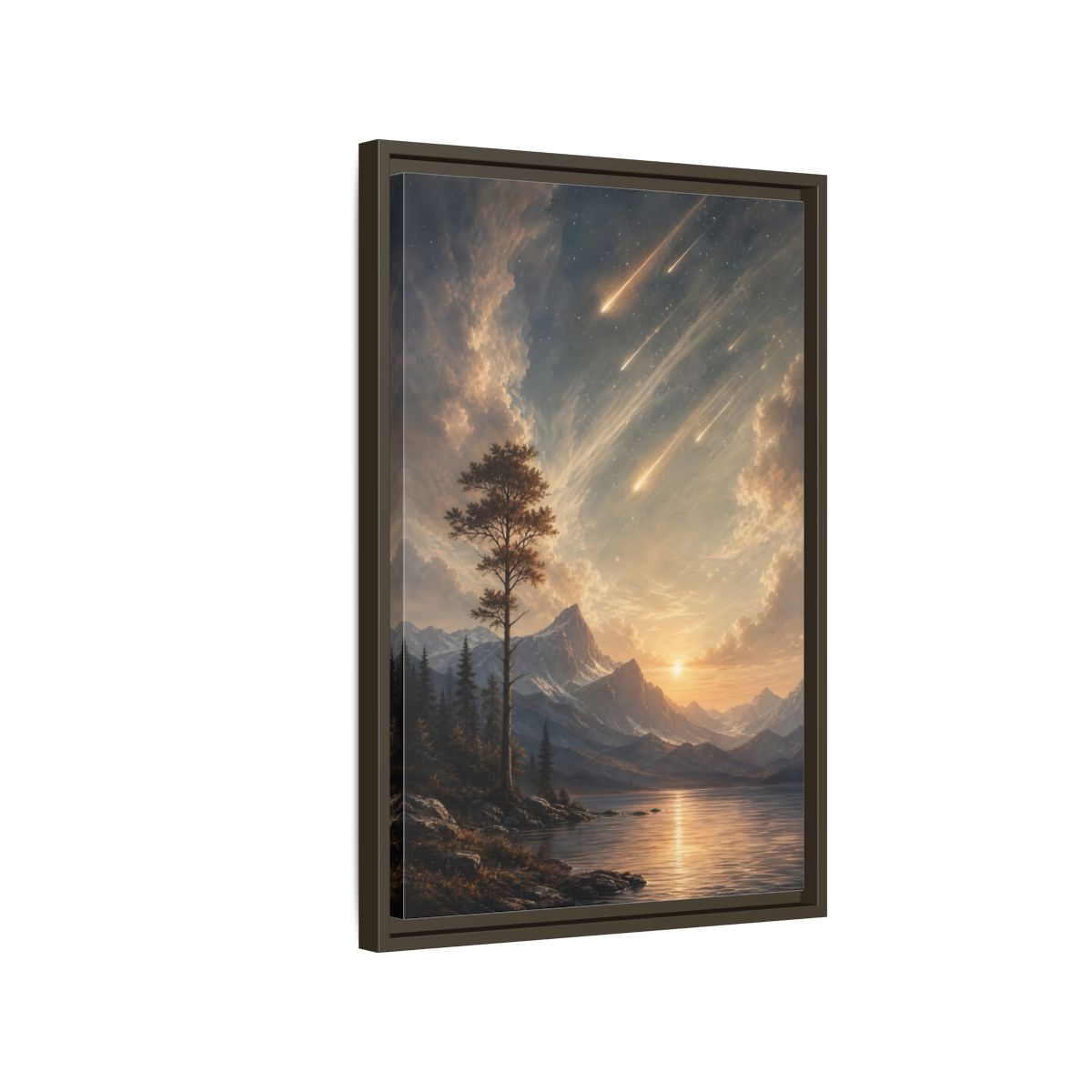 Side Mockup 2. Nature Mountain Landscape Warm Mountain Lake shown as stretched canvas wall art