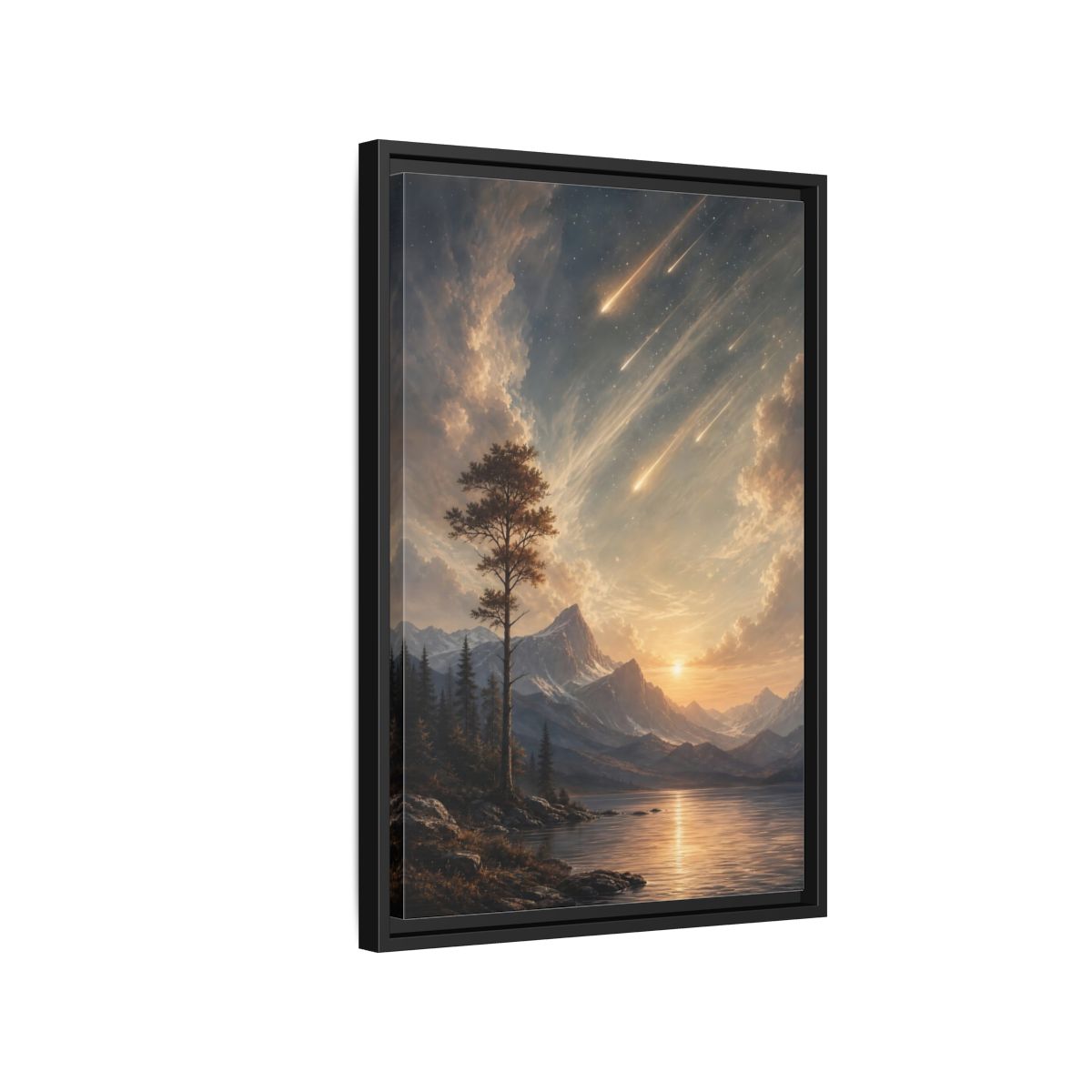 Side Mockup 3. Nature Mountain Landscape Warm Mountain Lake shown as stretched canvas wall art
