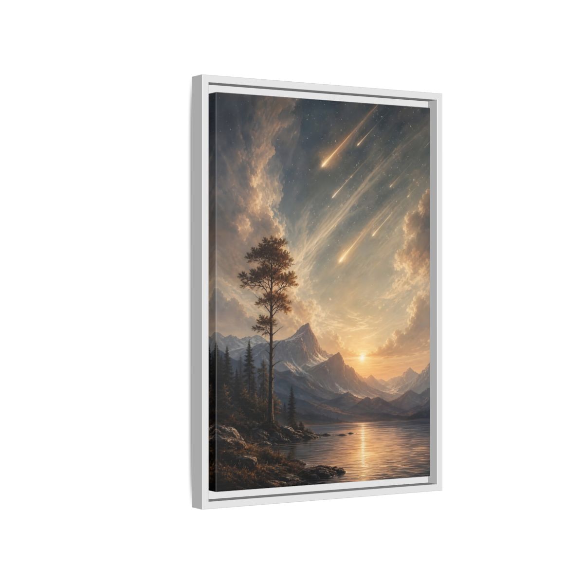 Side Mockup 1. Nature Mountain Landscape Warm Mountain Lake shown as stretched canvas wall art